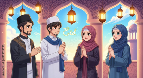 Muslim Family Celebrating Eid Mubarak Illustration