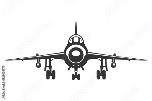 Vector illustrations MiG-21 fighter jet in black and white color from ahead. Silhouette MiG-21 military aircraft design from front view. Monochrome drawing Soviet era combat aeroplane MiG-21.