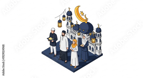 Isometric Muslim Family Celebrating Islamic Holiday Near Mosque