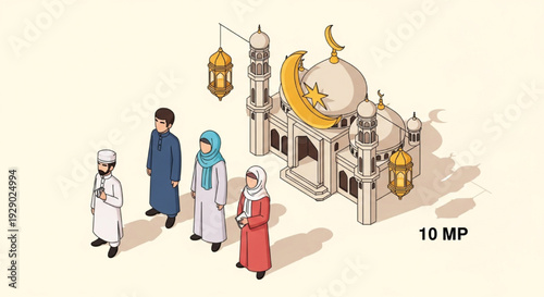 Isometric Islamic Mosque and Muslim People Illustration