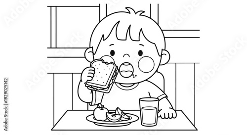 Boy Drinking Juice at Table Eating.