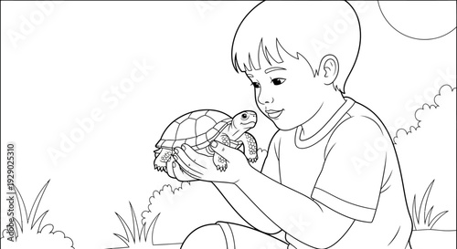 Boy holding a small turtle pet.