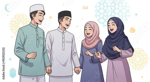 Happy Muslim Family Celebrating Eid Illustration