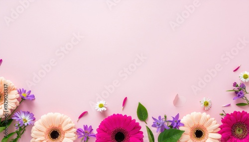 Assortment of vibrant blossoms creates a charming floral border across a pale pink background