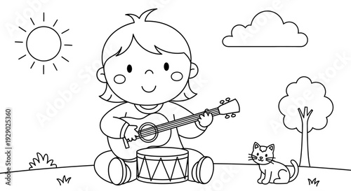 Little girl playing guitar and drum.