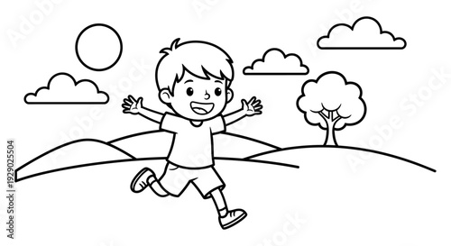 Happy Little Boy Running Freely Outdoors.