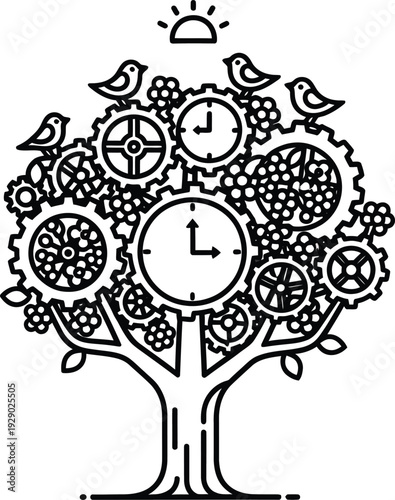 A tree with clockwork mechanisms and birds in its branches, symbolizing harmony between nature and technology, wqe (210) concept