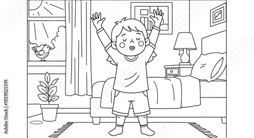 Happy little boy standing in bedroom.