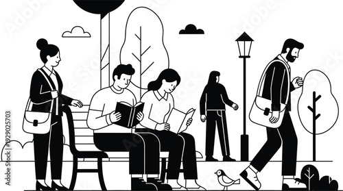 People reading and walking in a park on a sunny day with a bird nearby wqe 213