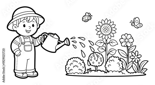 Boy Watering Garden Flowers Outdoors.
