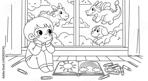 Little Girl Coloring Book Outdoors.