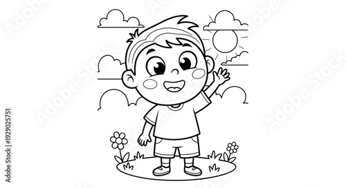 Happy little boy waving outside smiling.