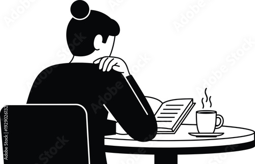 A woman sits alone at a table reading a book and drinking coffee in a quiet setting wqe (218)