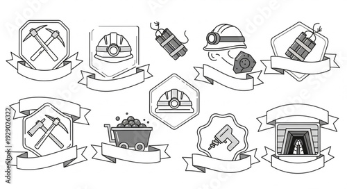 Collection of mining emblems and badges with ribbons and tools for design.