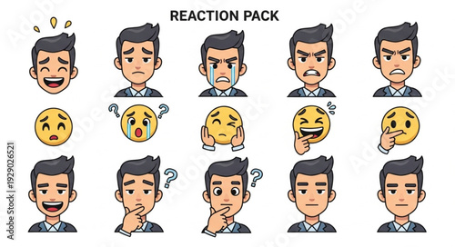 Diverse reaction pack featuring various human emotions and expressions for communication.