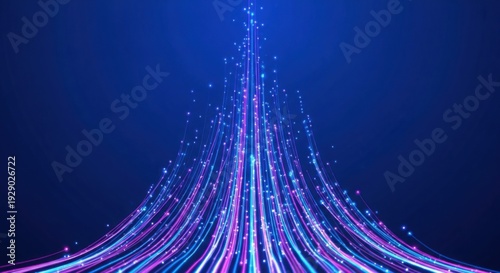 Vibrant streaks of light in blue and pink ascend upwards against a dark blue background, symbolizing growth, speed, and data transmission.