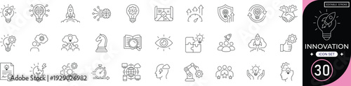 innovation icon set idea, creativity, technology, breakthrough, startup, vision, future, development, lightbulb, progress editable line icons, vector illustration.