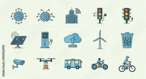 Collection of smart city technology icons representing urban innovation and progress.