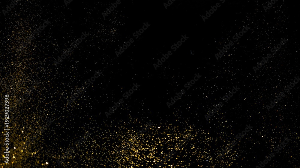 Obraz premium Shimmering gold glitter particles on black background. Luxury golden dust sparkle texture surface.