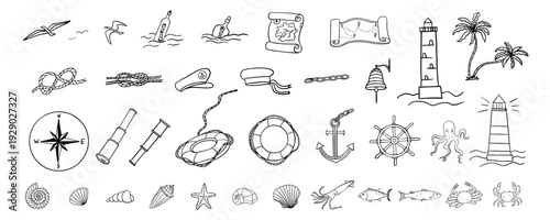 Large set of nautical theme in doodle style. Anchor, lighthouse, compass, lifebuoy, crab, octopus, shell, starfish, palm tree, ship's wheel. Telescope, sailor hat, bell, knot, message in a bottle, sea