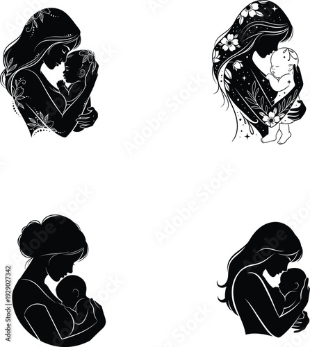 Mother's day tribute with four silhouette illustrations of mothers