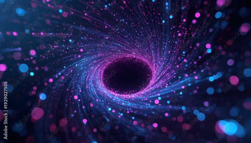 Obraz premium A vibrant digital illustration of a swirling purple and blue wormhole surrounded by colorful particles and lights in space.