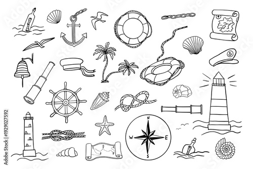 Set of nautical theme. Hand drawn. Adventure, travel, summer.	