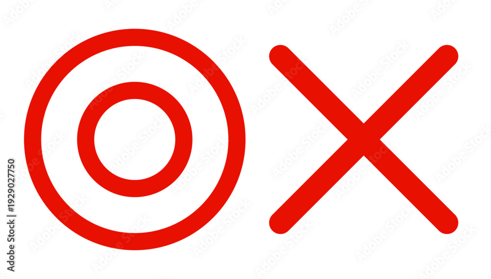 Obraz premium 赤い二重丸とバツ印のセット・正解と不正解の判定アイコン素材