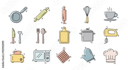 Collection of kitchen utensils and appliances in a doodle style.