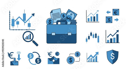 Financial investment and business analysis with charts and money symbols.