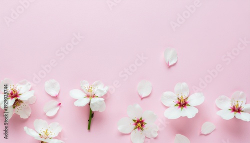 White spring blossoms and scattered petals resting upon a solid light pink background