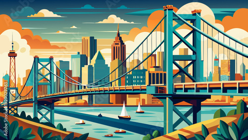 Very beautiful stylized Benjamin Franklin Bridge stretching across the Delaware River, bold suspension cables framing the Philadelphia skyline in a modern urban design composition inspired by iconic A