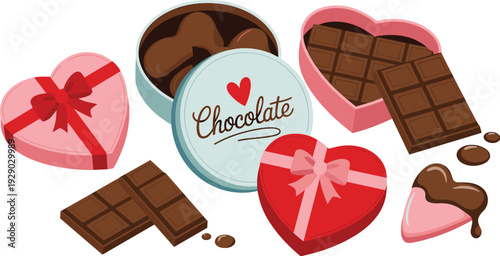 Assorted Gourmet Chocolate Collection with Heart-Shaped Gift Boxes and Bars,Celebrations, and Premium Presentation Vector Illustration
