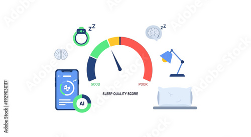 AI Sleep Quality Score Meter Illustration. Digital Health Concept showing Tracking Gauge from Good to Poor using Smartwatch and Mobile App Analytics.