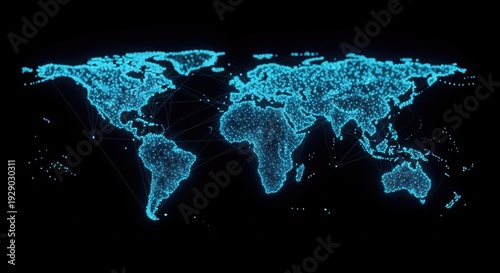 Abstract world map floating in a clean void, formed by bright blue glowing dots connected by silver platinum threads, soft depth of field, minimalist luxury.