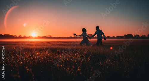 Silhouette of a couple holding hands while running through a field at sunset reflecting golden