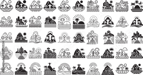 Set of tropical island and cityscape icons with palm trees and sun  various designs