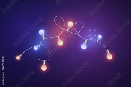 Colorful glowing string lights isolated on dark purple background