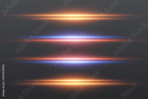 Neon horizontal light streaks isolated on transparent background