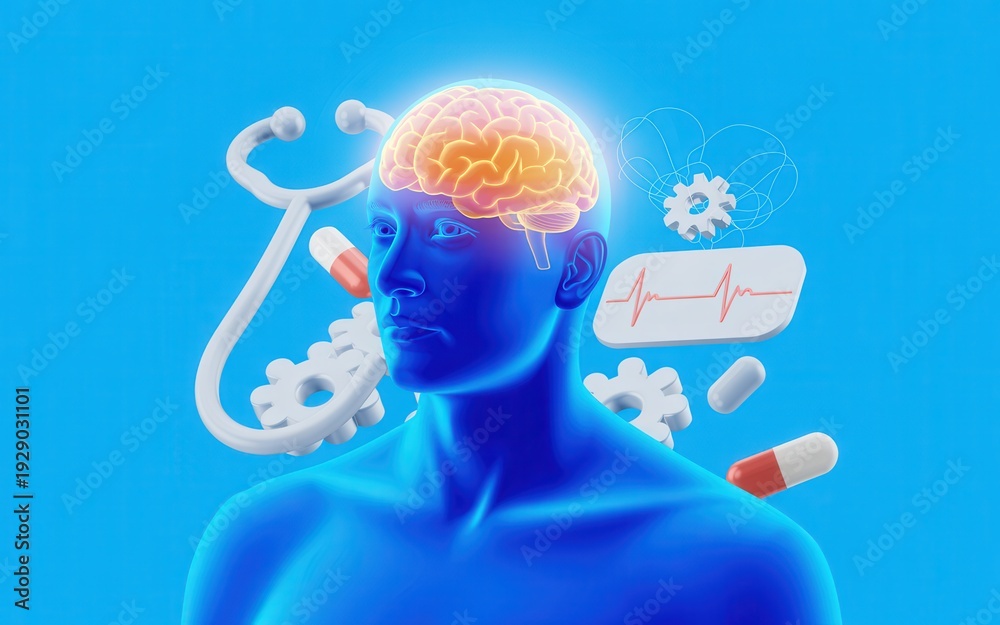 Obraz premium Illuminated Blue Human Figure with Glowing Brain and Medical Symbols, Centered Front View in Sky‑Blue Background – Digital Illustration