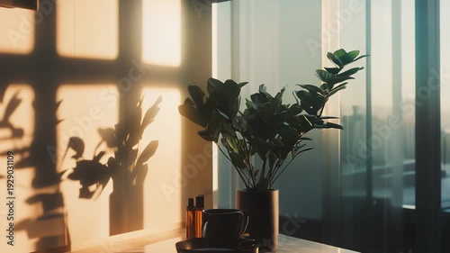 Living room interior capturing a potted plant on a minimalist countertop, bathed in warm morning light, casting long, peaceful shadows on the textured wall, reflecting off the shiny surface