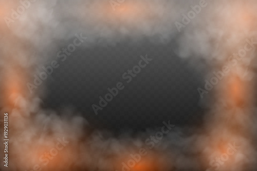 Dense smoke frame with fiery glow isolated on transparent background