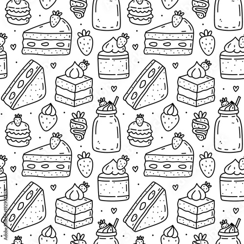Cute seamless pattern with desserts - cake slices, cupcake, strawberry, milkshake and pastry. Vector hand-drawn doodle illustration. Perfect for print, wrapping paper, wallpaper, menu, bakery design.