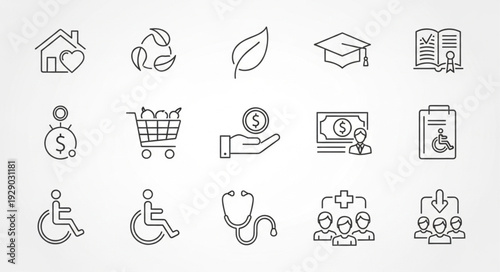 Collection of Icons Representing Healthcare Education and Finance.