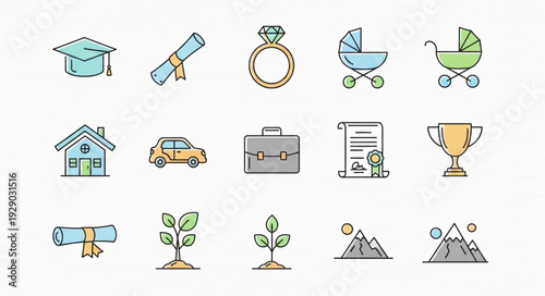 Collection of Icons Representing Life Milestones and Achievements.