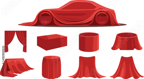 Collection of Objects Covered by Red Cloth including Car and Pedestals, Concept of Grand Reveal, Premium Product Launch, Mystery, Anticipation, and Event Presentation Vector Illustration