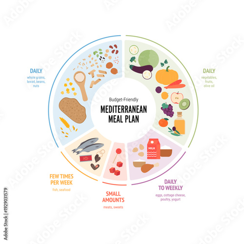 Vector flat infographic of a budget-friendly Mediterranean diet meal plan plate. Chart shows daily and weekly food portions with cheap healthy groceries like grains, veggies, fish.