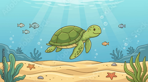 A peaceful underwater scene with a sea turtle swimming in clear blue water sandy seabed calm marine environment clean open composition