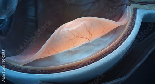 3D illustration of retinal detachment in human eye cross-section