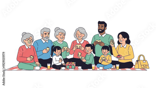 Multigenerational family sitting on a blanket eating food together in a colorful and lively scene with a white background.